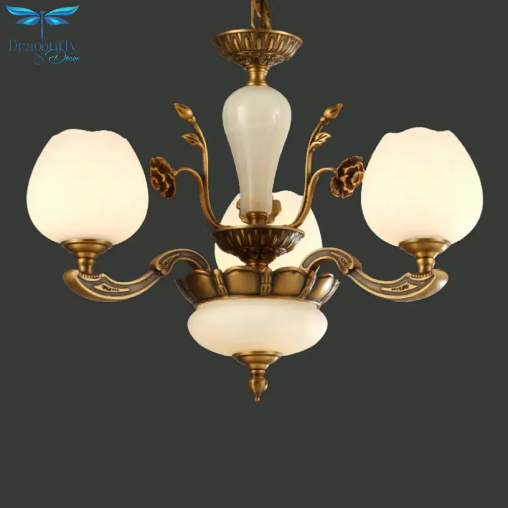 Traditional Bud Shaped Hanging Lamp 3/6 Lights Frosted White Glass Chandelier In Brass