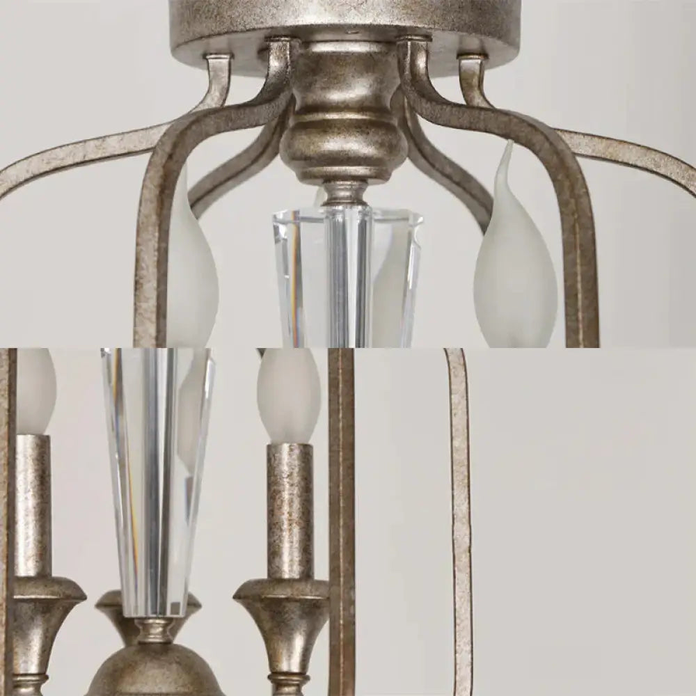 Traditional Caged Hanging Lamp 3 Bulbs Metal Chandelier Light Fixture With Crystal Accent In Aged