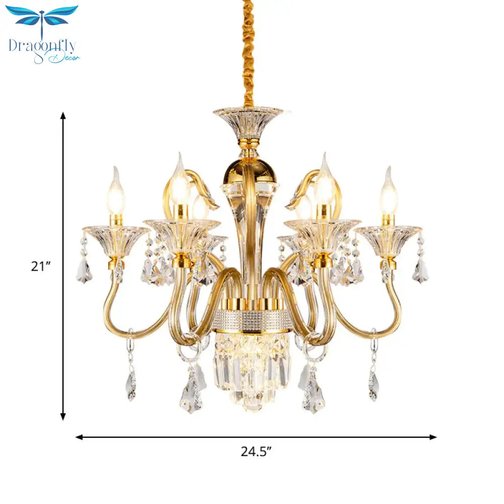 Traditional Candelabra Chandelier 6/8 Heads Metal Drop Pendant In Gold With Clear Crystal Droplet