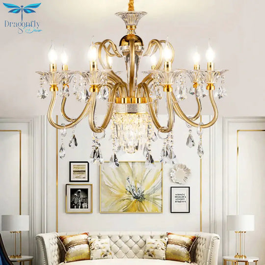 Traditional Candelabra Chandelier 6/8 Heads Metal Drop Pendant In Gold With Clear Crystal Droplet
