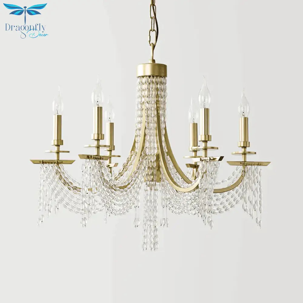 Traditional Candelabra Chandelier Lamp 6/8 Lights Crystal Drop Pendant In Gold For Bedroom