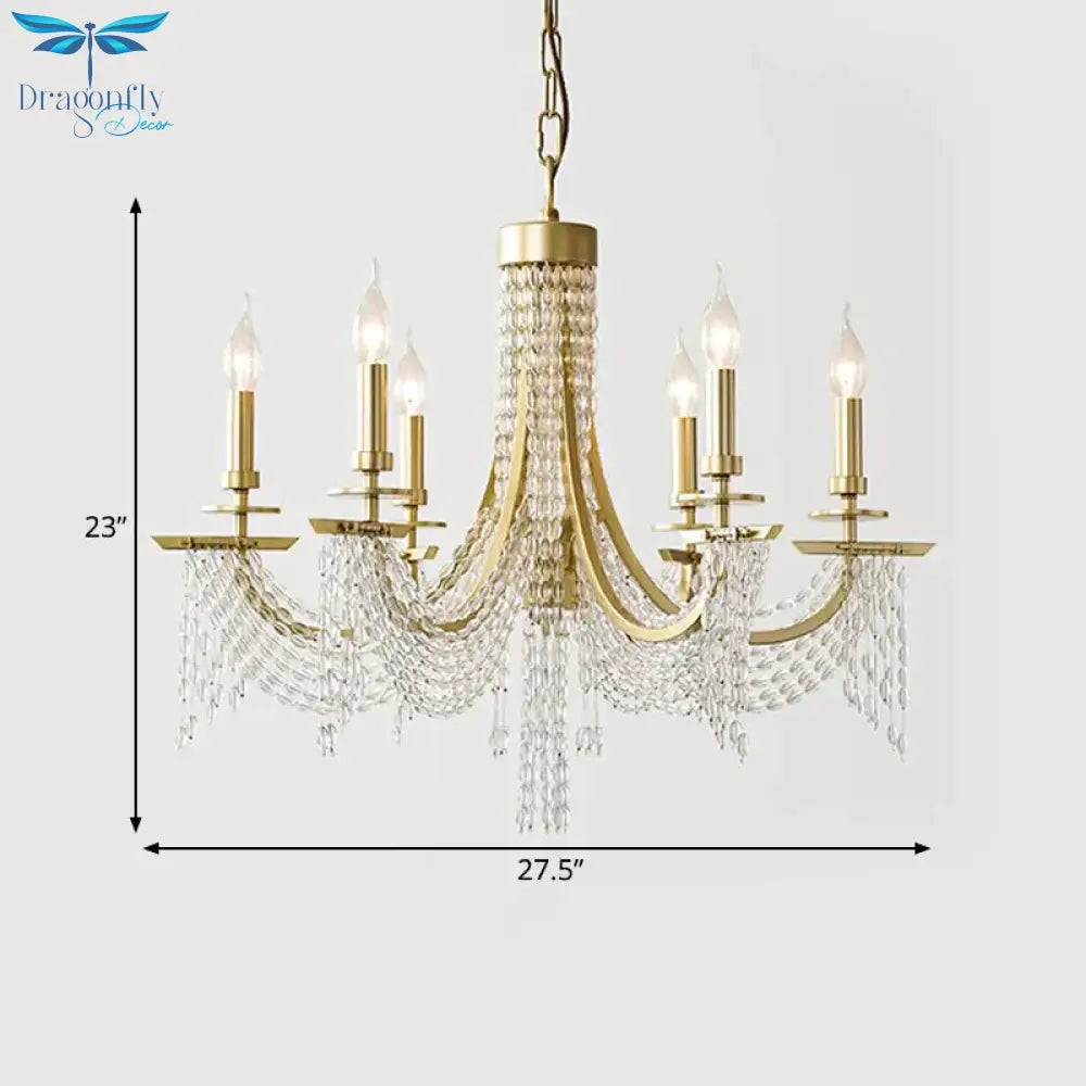 Traditional Candelabra Chandelier Lamp 6/8 Lights Crystal Drop Pendant In Gold For Bedroom