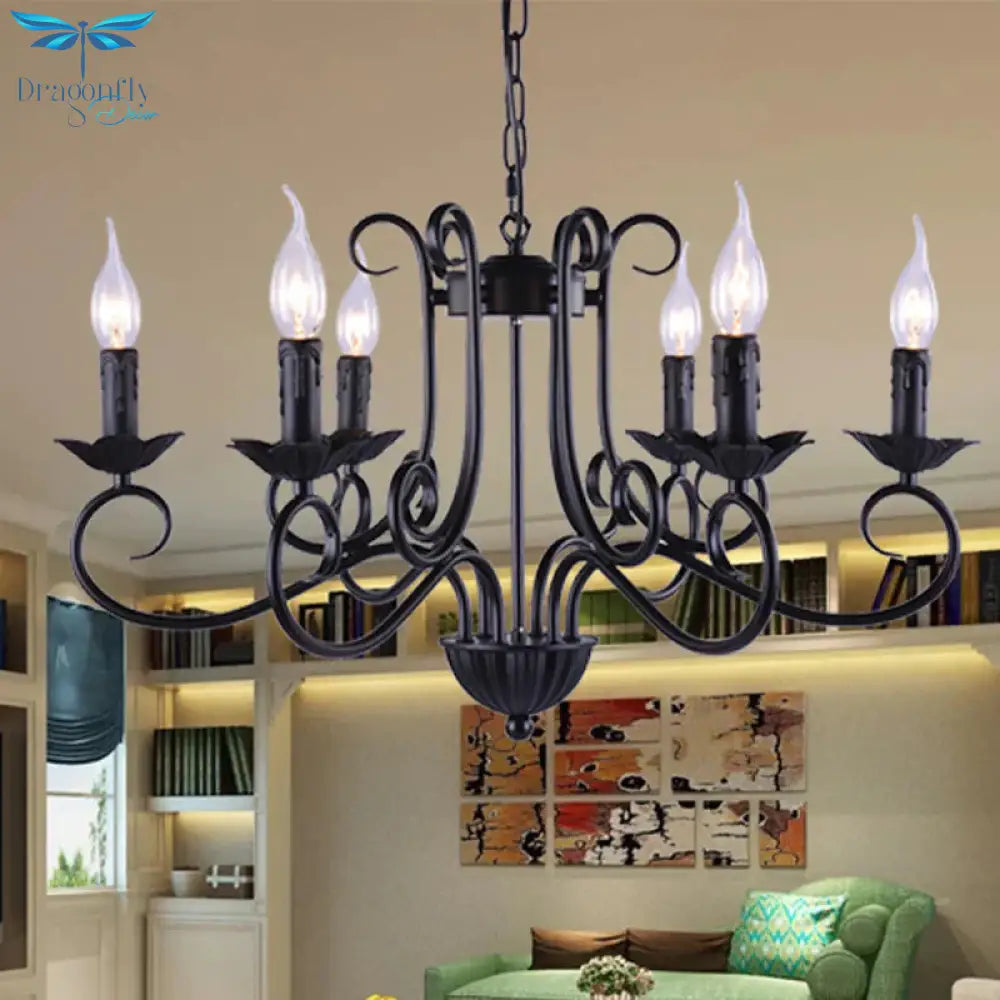 Traditional Candle Ceiling Chandelier 6 Heads Metal Hanging Light Kit In Black For Living Room