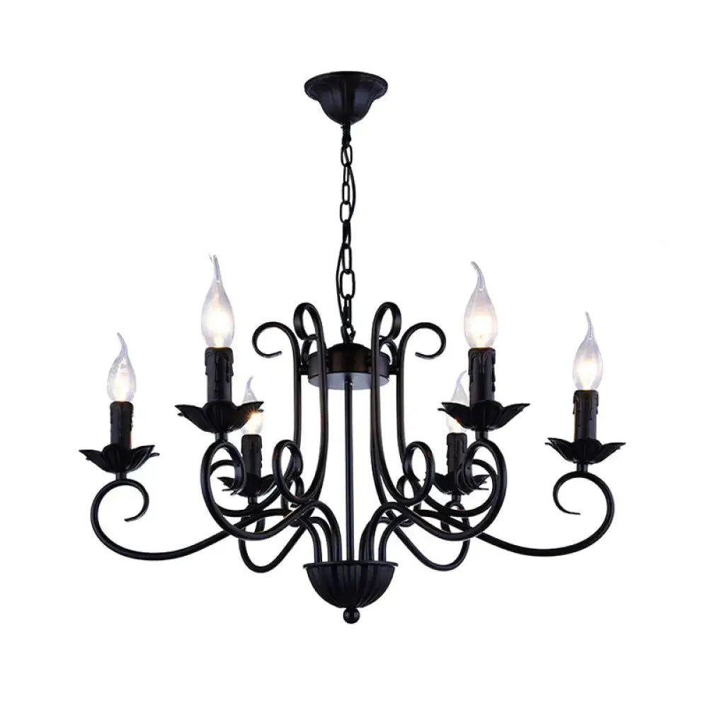Traditional Candle Ceiling Chandelier 6 Heads Metal Hanging Light Kit In Black For Living Room