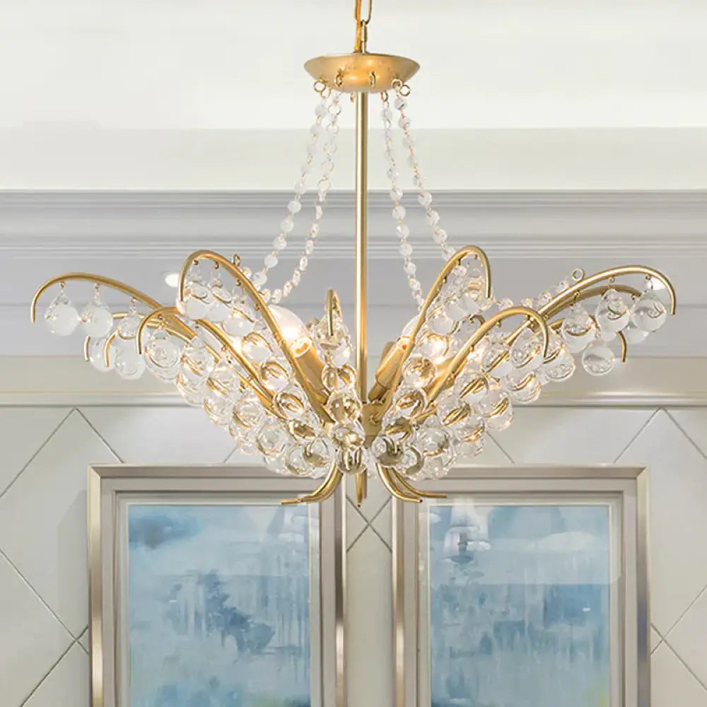 Traditional Candle Ceiling Chandelier 6 Lights Crystal Embedded Suspension Lamp In Gold For Living