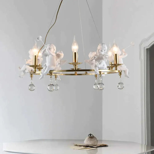 Traditional Candle Hanging Chandelier Metal 3/6/8 Bulbs Suspension Light In Brass With Angel 6 /