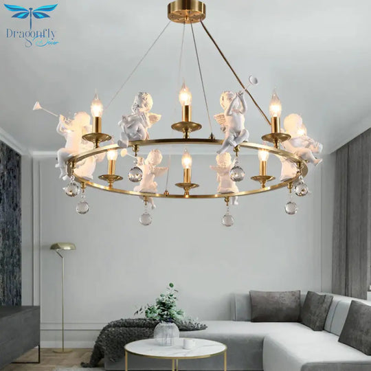 Traditional Candle Hanging Chandelier Metal 3/6/8 Bulbs Suspension Light In Brass With Angel