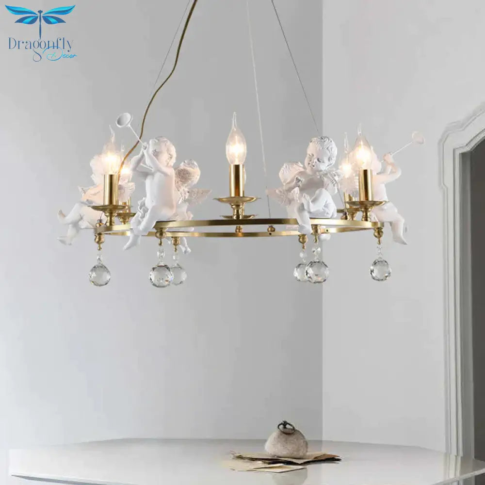 Traditional Candle Hanging Chandelier Metal 3/6/8 Bulbs Suspension Light In Brass With Angel