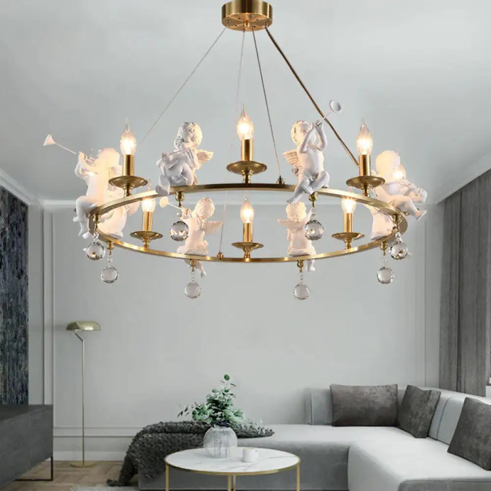 Traditional Candle Hanging Chandelier Metal 3/6/8 Bulbs Suspension Light In Brass With Angel 8 /