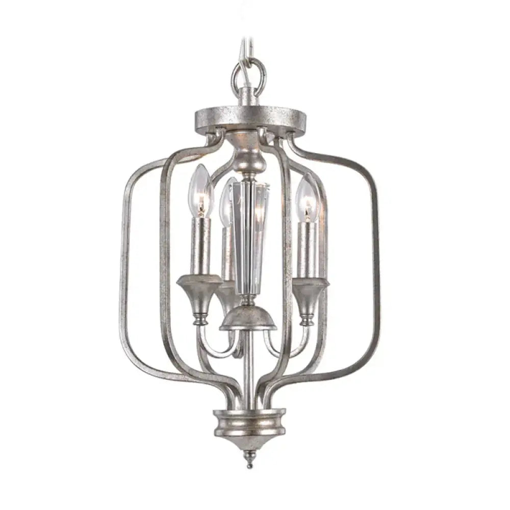 Traditional Candle Hanging Chandelier Metal 3 Bulbs Suspension Light In Aged Silver For Dining Room