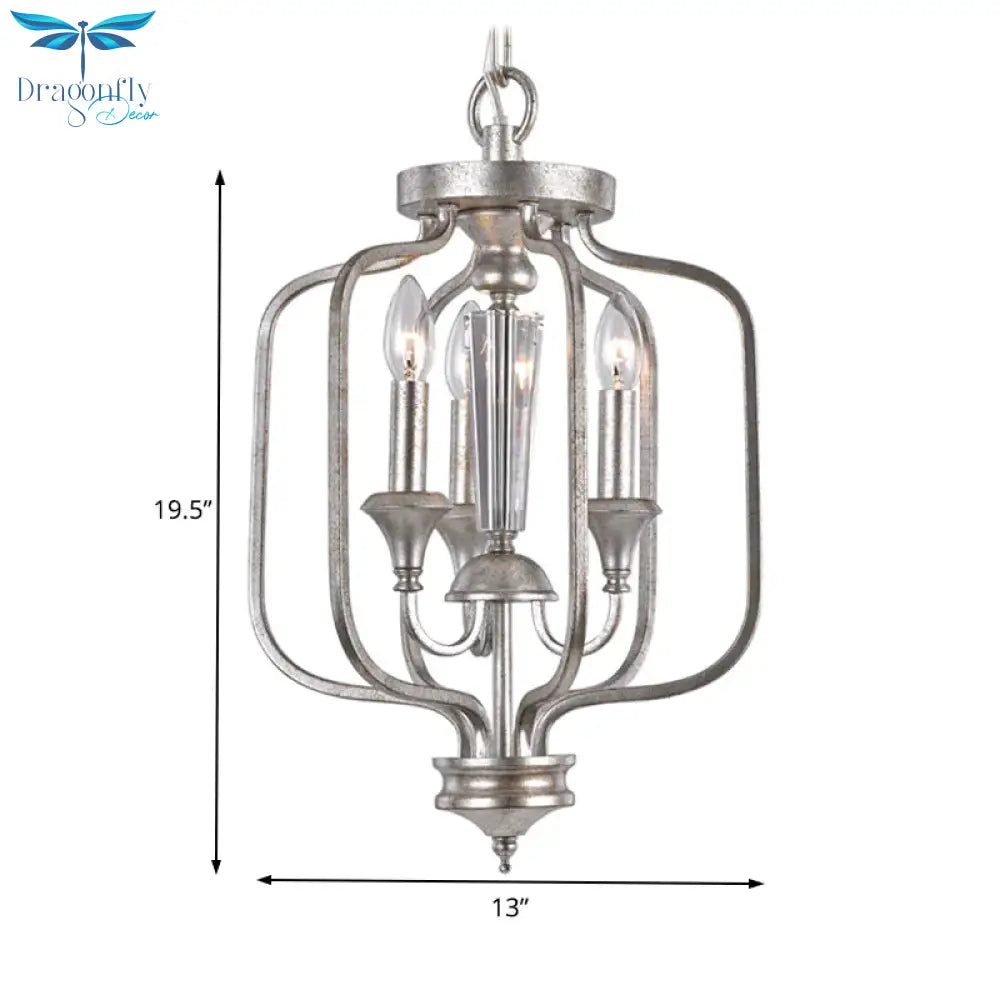 Traditional Candle Hanging Chandelier Metal 3 Bulbs Suspension Light In Aged Silver For Dining Room