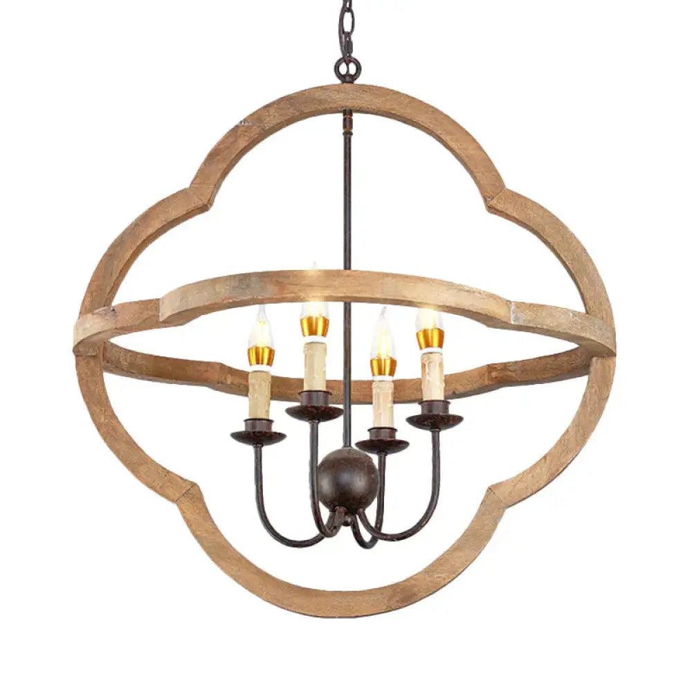 Traditional Candle Hanging Chandelier Wood 4 Bulbs Suspension Light In Beige For Restaurant