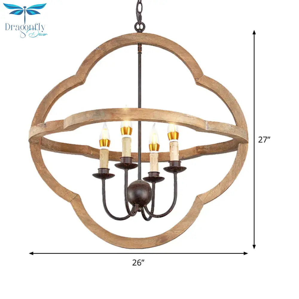Traditional Candle Hanging Chandelier Wood 4 Bulbs Suspension Light In Beige For Restaurant