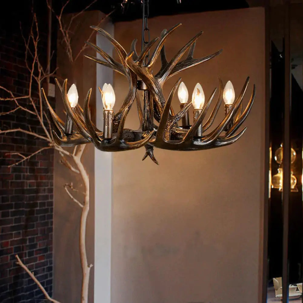 Traditional Candle Hanging Lamp 4/6/9 Bulbs Resin Chandelier Light Fixture With Deer Antler In