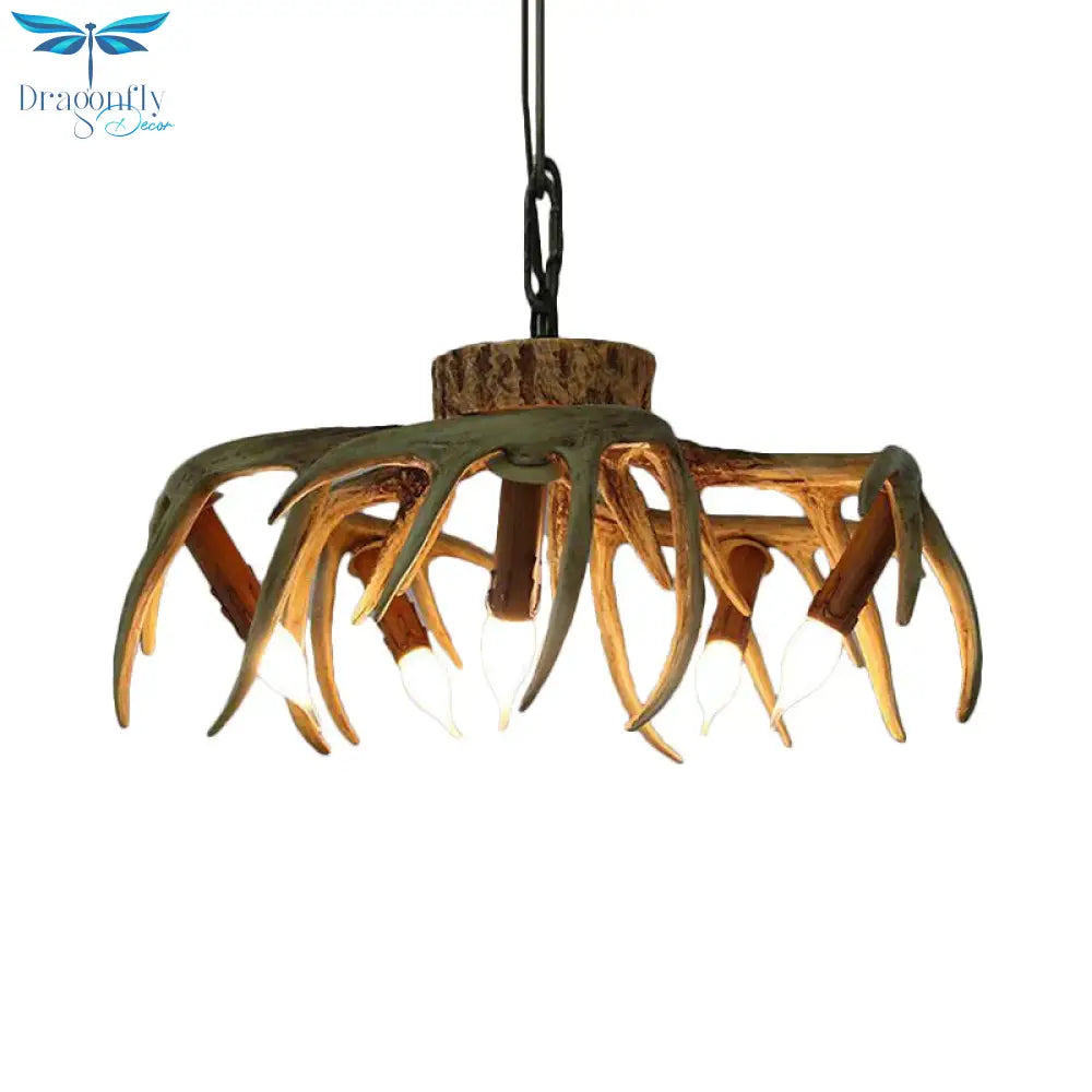 Traditional Candle Hanging Lamp 6 Bulbs Resin Chandelier Light Fixture In Brown For Restaurant
