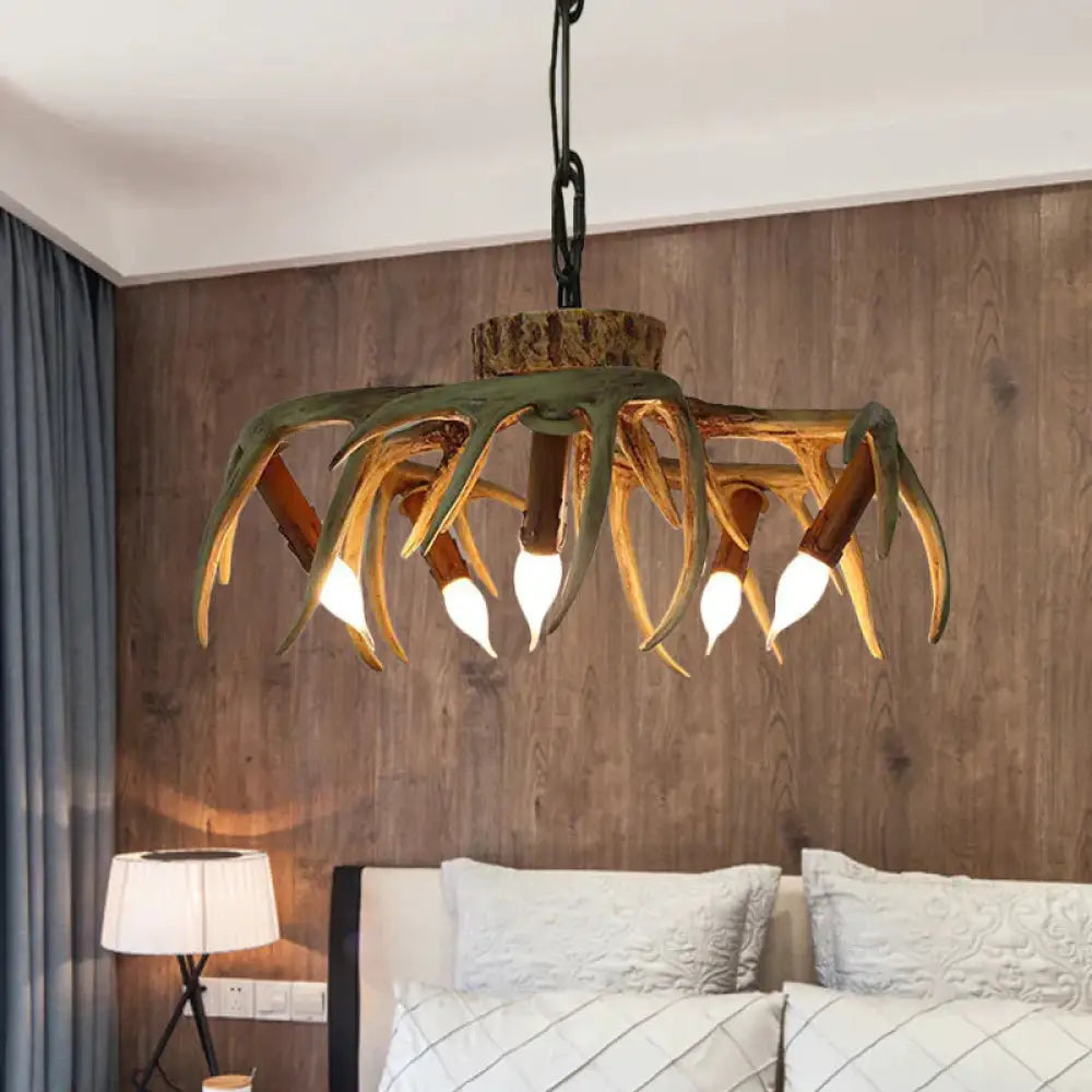 Traditional Candle Hanging Lamp 6 Bulbs Resin Chandelier Light Fixture In Brown For Restaurant