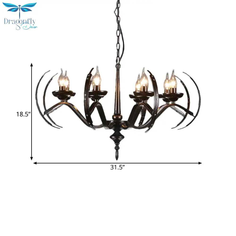 Traditional Candle Hanging Lamp 8 Bulbs Iron Chandelier Light Fixture With Curvy Arm In Black