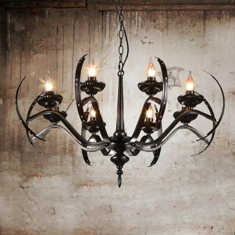 Traditional Candle Hanging Lamp 8 Bulbs Iron Chandelier Light Fixture With Curvy Arm In Black