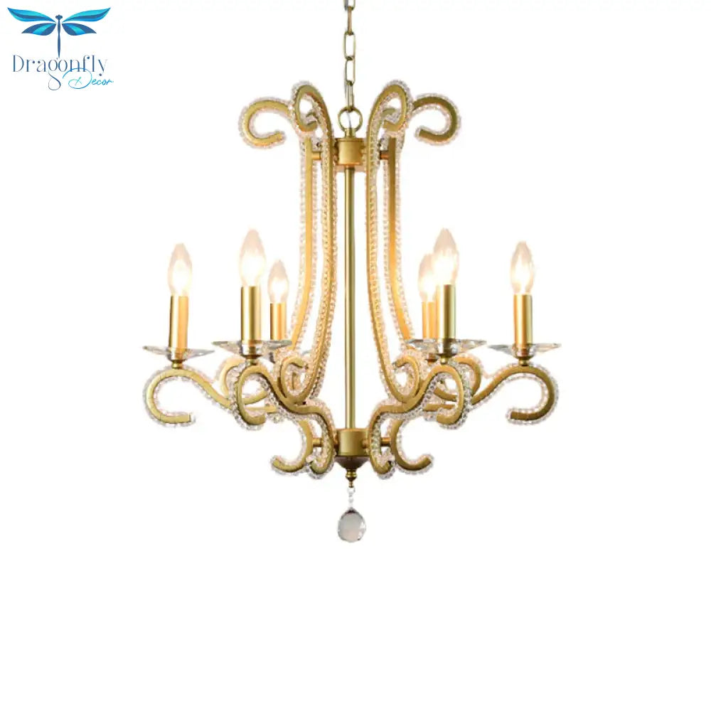 Traditional Candlestick Chandelier 3/6 Heads Crystal Beaded Suspension Lighting With Scroll Arm In