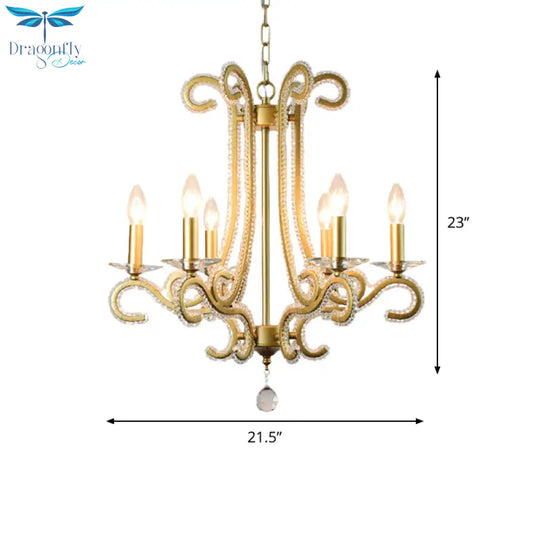 Traditional Candlestick Chandelier 3/6 Heads Crystal Beaded Suspension Lighting With Scroll Arm In