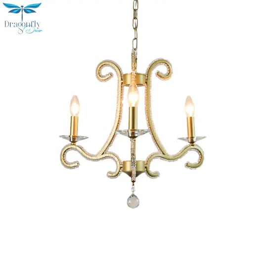 Traditional Candlestick Chandelier 3/6 Heads Crystal Beaded Suspension Lighting With Scroll Arm In