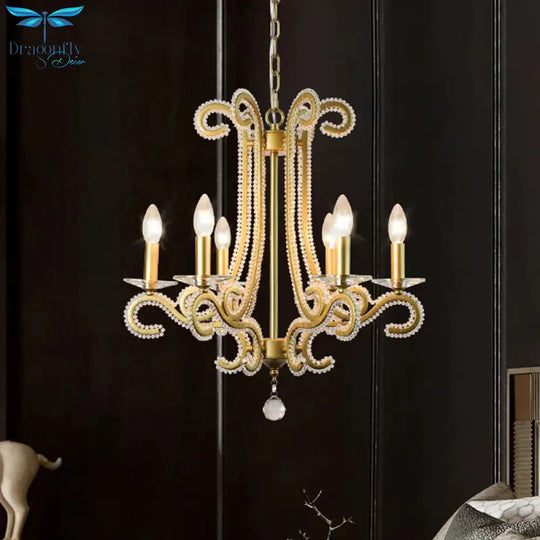 Traditional Candlestick Chandelier 3/6 Heads Crystal Beaded Suspension Lighting With Scroll Arm In
