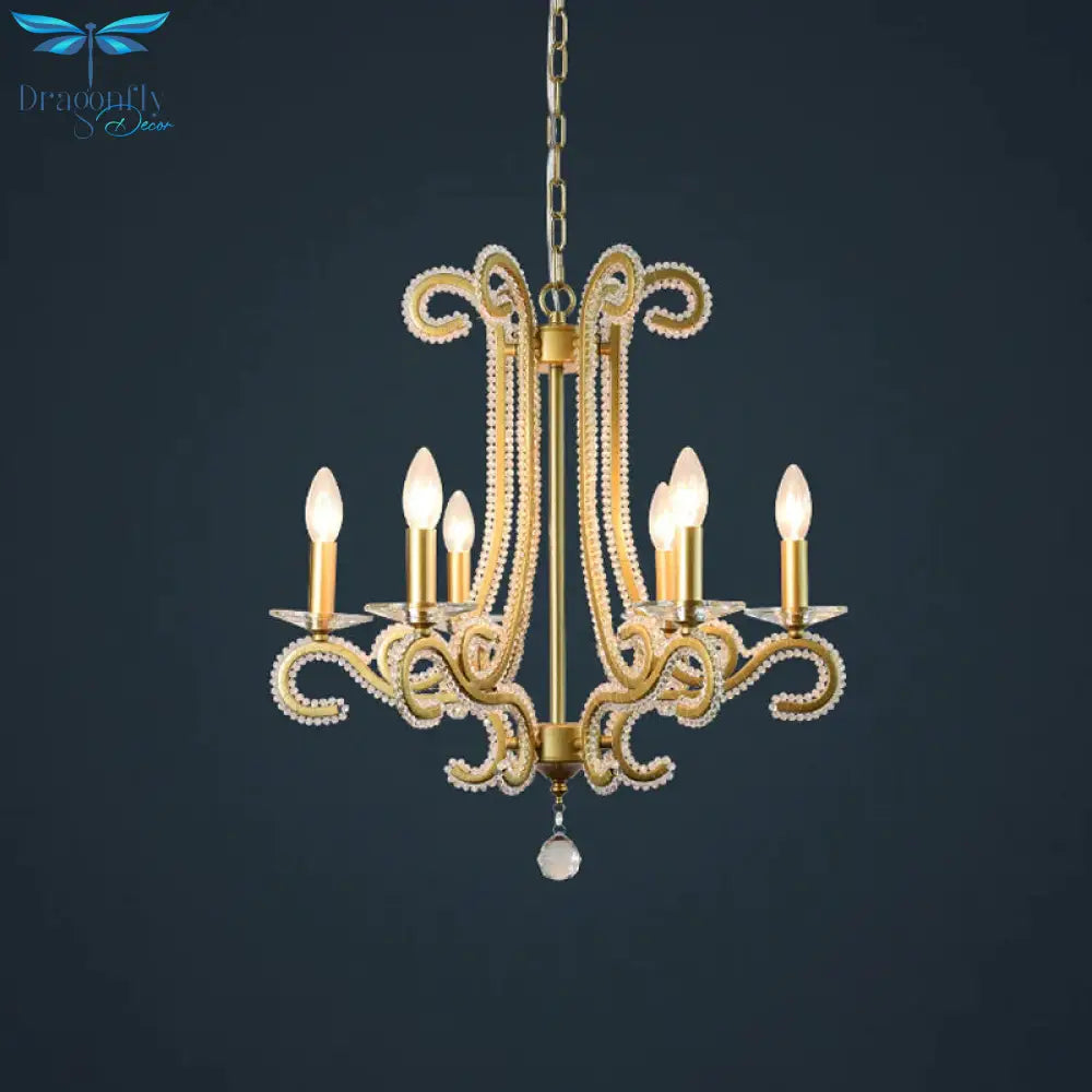 Traditional Candlestick Chandelier 3/6 Heads Crystal Beaded Suspension Lighting With Scroll Arm In