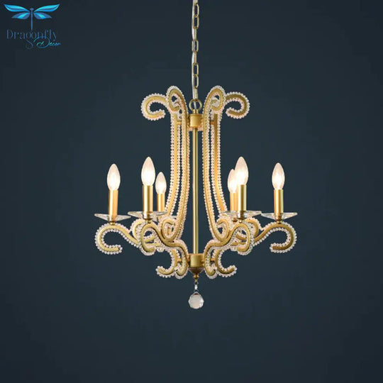 Traditional Candlestick Chandelier 3/6 Heads Crystal Beaded Suspension Lighting With Scroll Arm In