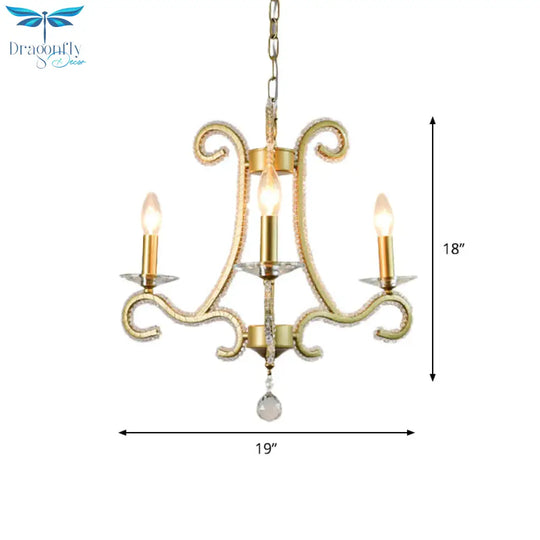 Traditional Candlestick Chandelier 3/6 Heads Crystal Beaded Suspension Lighting With Scroll Arm In