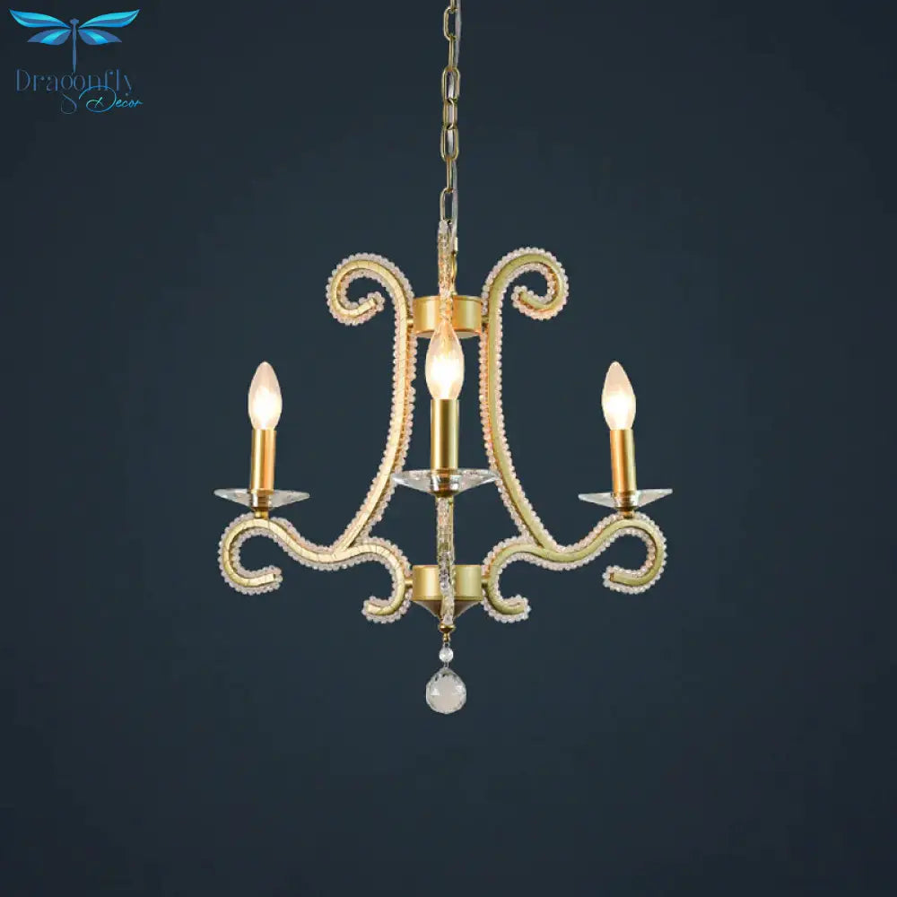 Traditional Candlestick Chandelier 3/6 Heads Crystal Beaded Suspension Lighting With Scroll Arm In