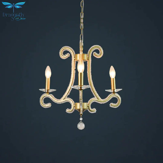 Traditional Candlestick Chandelier 3/6 Heads Crystal Beaded Suspension Lighting With Scroll Arm In