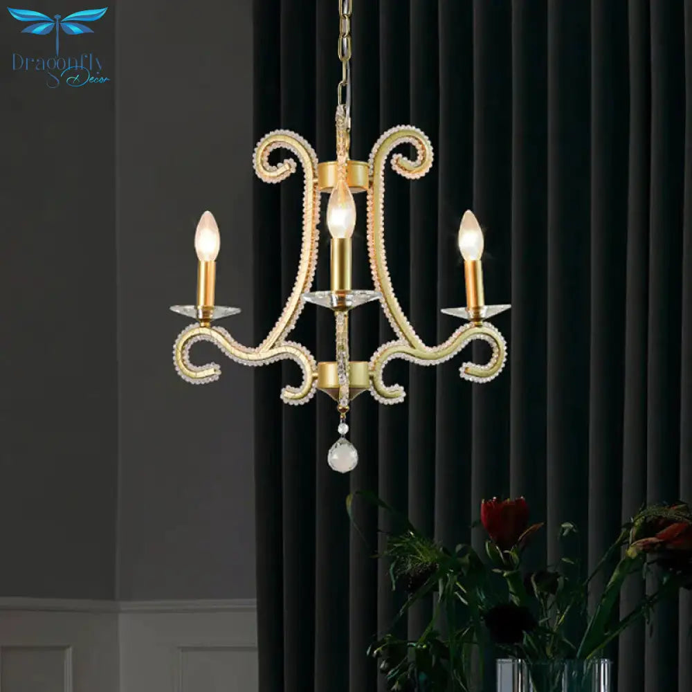 Traditional Candlestick Chandelier 3/6 Heads Crystal Beaded Suspension Lighting With Scroll Arm In