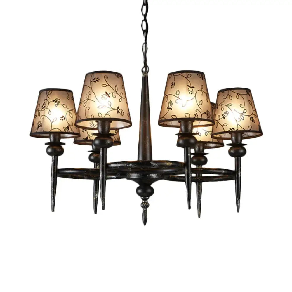 Traditional Cone Hanging Lamp 6 Bulbs Fabric Chandelier Light Fixture In Black For Restaurant