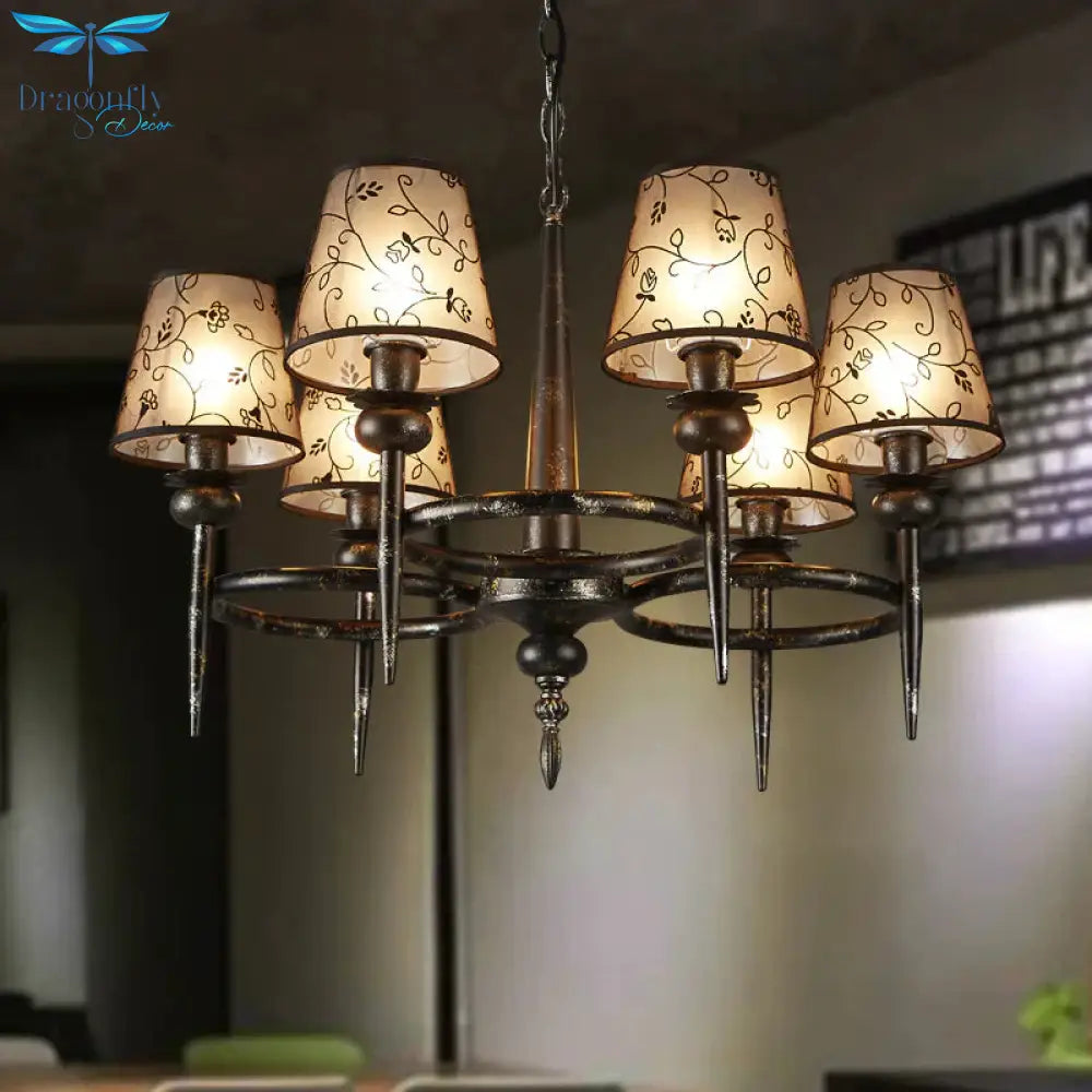 Traditional Cone Hanging Lamp 6 Bulbs Fabric Chandelier Light Fixture In Black For Restaurant