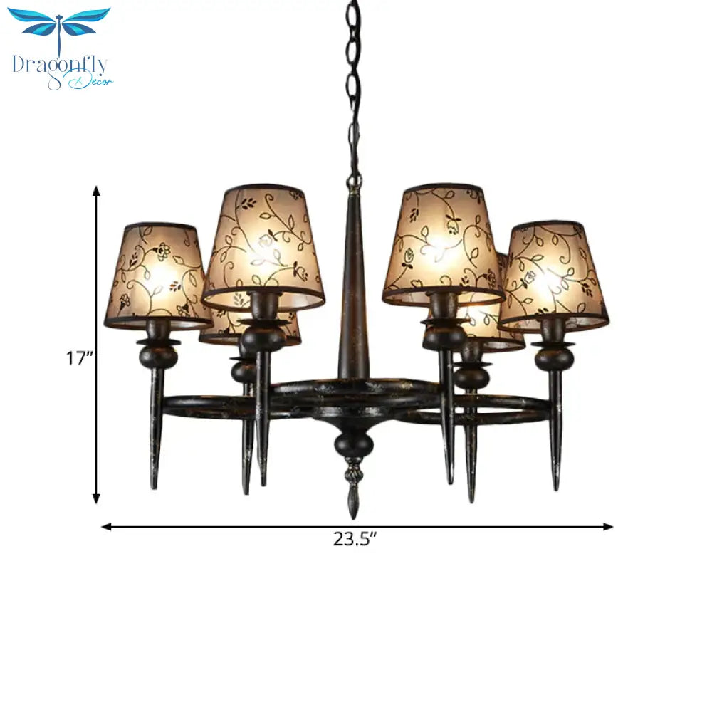 Traditional Cone Hanging Lamp 6 Bulbs Fabric Chandelier Light Fixture In Black For Restaurant