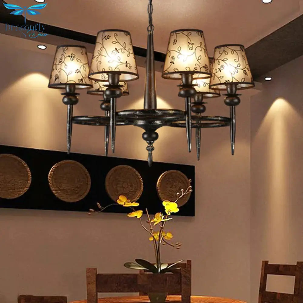 Traditional Cone Hanging Lamp 6 Bulbs Fabric Chandelier Light Fixture In Black For Restaurant