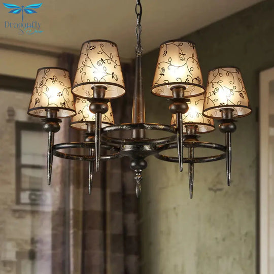 Traditional Cone Hanging Lamp 6 Bulbs Fabric Chandelier Light Fixture In Black For Restaurant