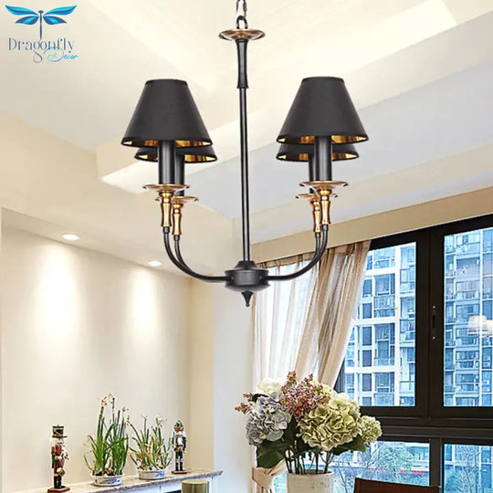 Traditional Cone Shape Chandelier 3/4/6 - Head Fabric Hanging Pendant In Black/Chrome With Swooping