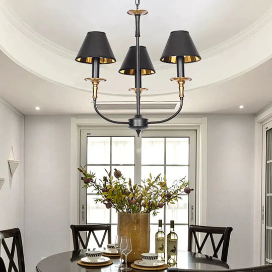 Traditional Cone Shape Chandelier 3/4/6 - Head Fabric Hanging Pendant In Black/Chrome With Swooping