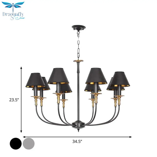 Traditional Cone Shape Chandelier 3/4/6 - Head Fabric Hanging Pendant In Black/Chrome With Swooping