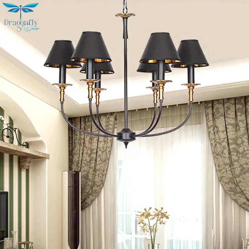 Traditional Cone Shape Chandelier 3/4/6 - Head Fabric Hanging Pendant In Black/Chrome With Swooping