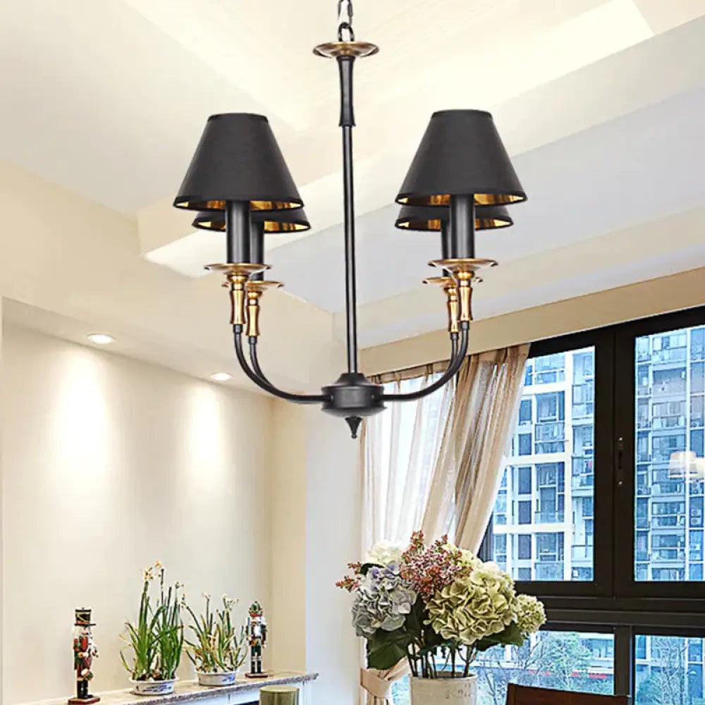 Traditional Cone Shape Chandelier 3/4/6 - Head Fabric Hanging Pendant In Black/Chrome With Swooping