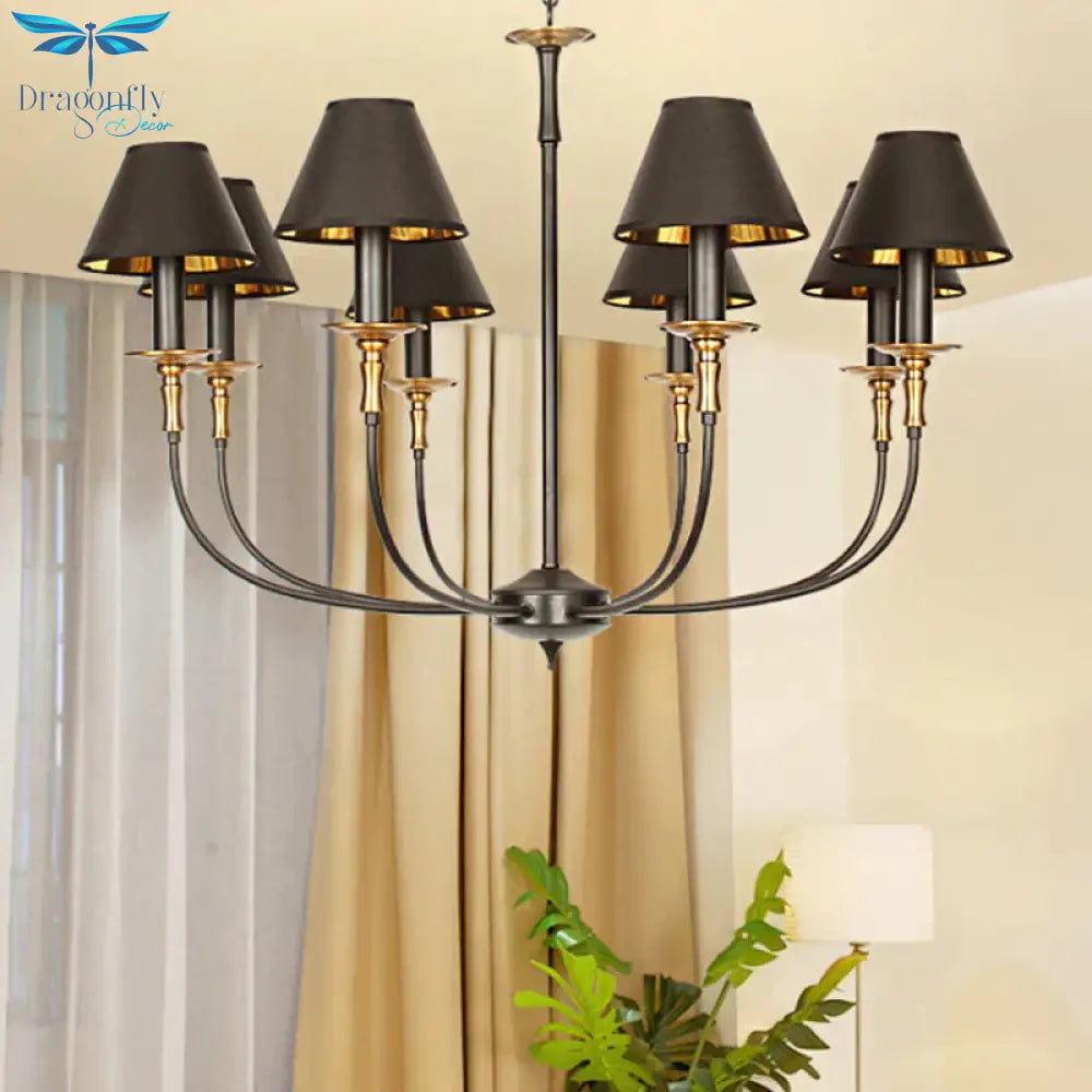 Traditional Cone Shape Chandelier 3/4/6 - Head Fabric Hanging Pendant In Black/Chrome With Swooping