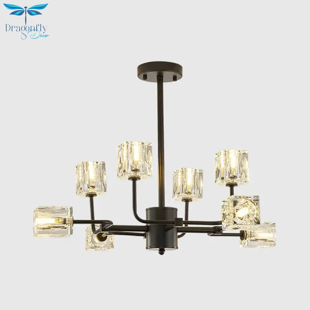 Traditional Cube Hanging Pendant 8 Heads Clear Crystal Glass Chandelier Lighting Fixture In