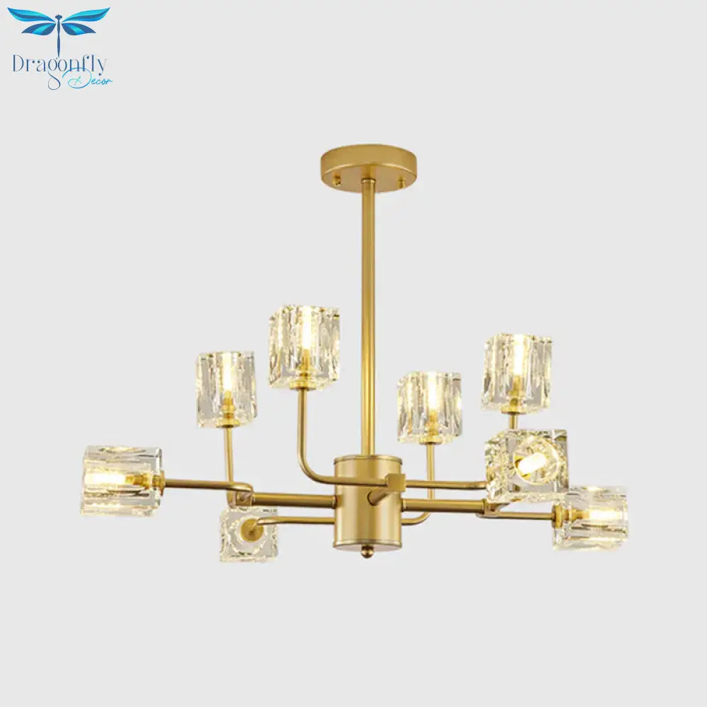 Traditional Cube Hanging Pendant 8 Heads Clear Crystal Glass Chandelier Lighting Fixture In