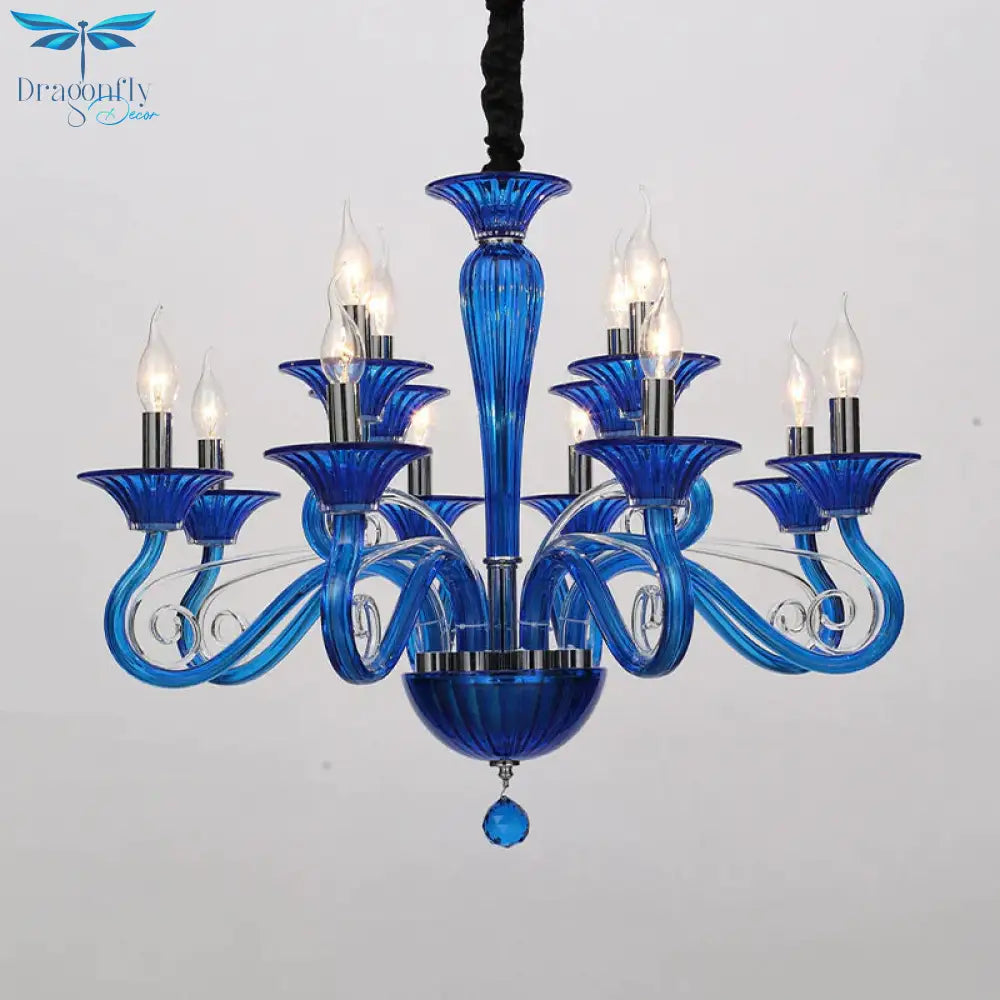 Traditional Curved Arm Pendant Chandelier 6/8/10 Heads White/Black/Blue Glass Ceiling Hanging Light