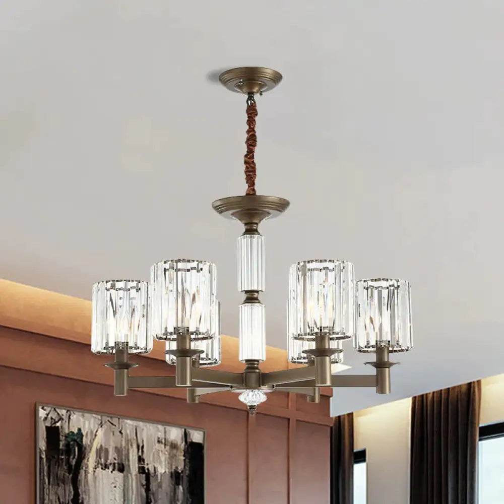 Traditional Cylindrical Pendant Light Fixture 6 Heads Crystal Hanging Chandelier In Brass