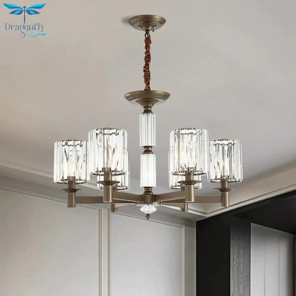 Traditional Cylindrical Pendant Light Fixture 6 Heads Crystal Hanging Chandelier In Brass