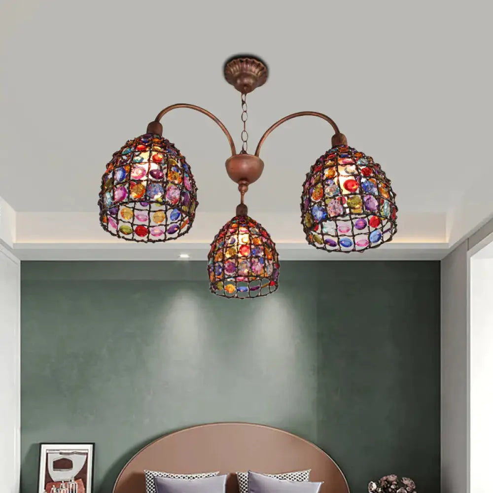 Traditional Dome Chandelier Lighting Fixture 3 Heads Metal Drop Pendant In Bronze For Bedroom