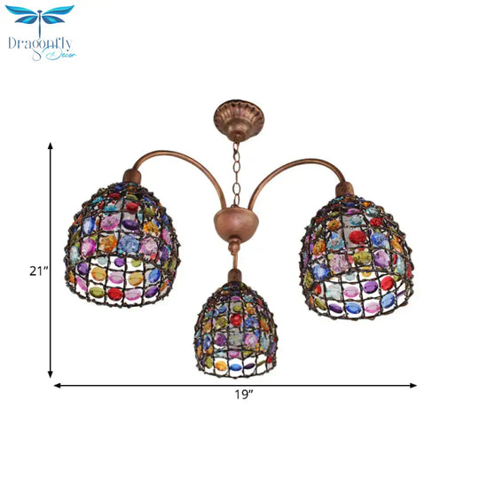 Traditional Dome Chandelier Lighting Fixture 3 Heads Metal Drop Pendant In Bronze For Bedroom